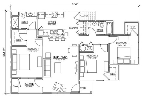 Floor plan for 3 beds, 2 baths, 1482 sqft